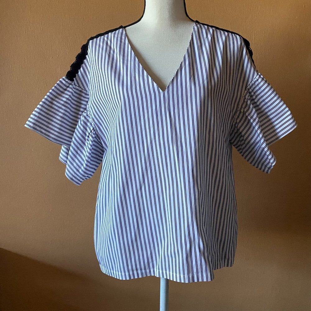Sandro Blue and White Striped V-Neck Cold-Shoulder Top with Black Lace Trim